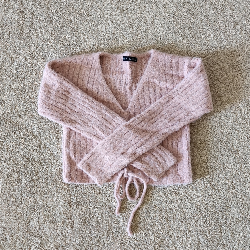 Zaful pink fuzzy crop knit sweater size US 6
